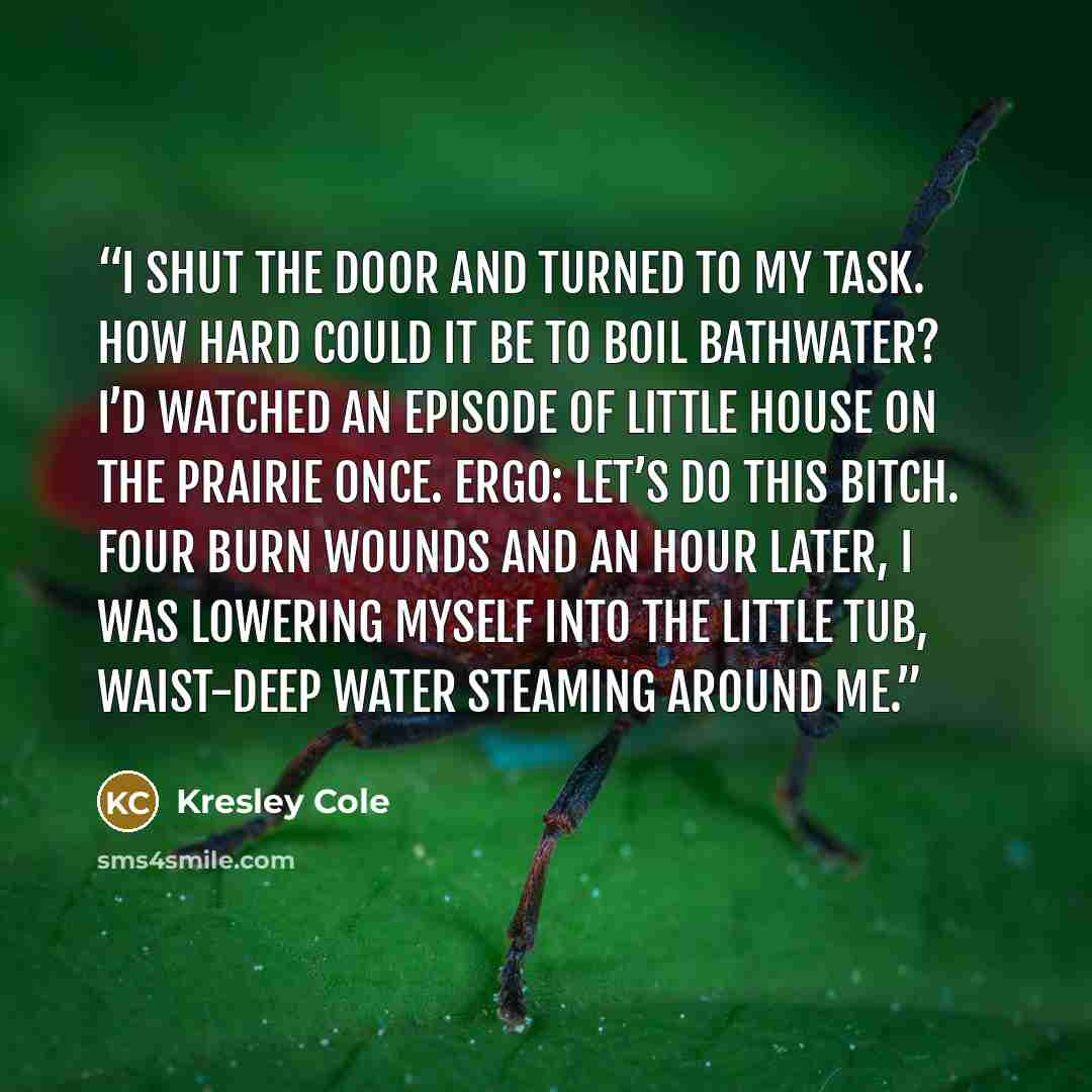 “I shut the door and turned to my task. How hard could it be to boil bathwater? I’d watched an episode of Little House on the Prairie once. Ergo: Let’s do this bitch. Four burn wounds and an hour later, I was lowering myself into the little tub, waist-deep water steaming around me.” quote by Kresley Cole
