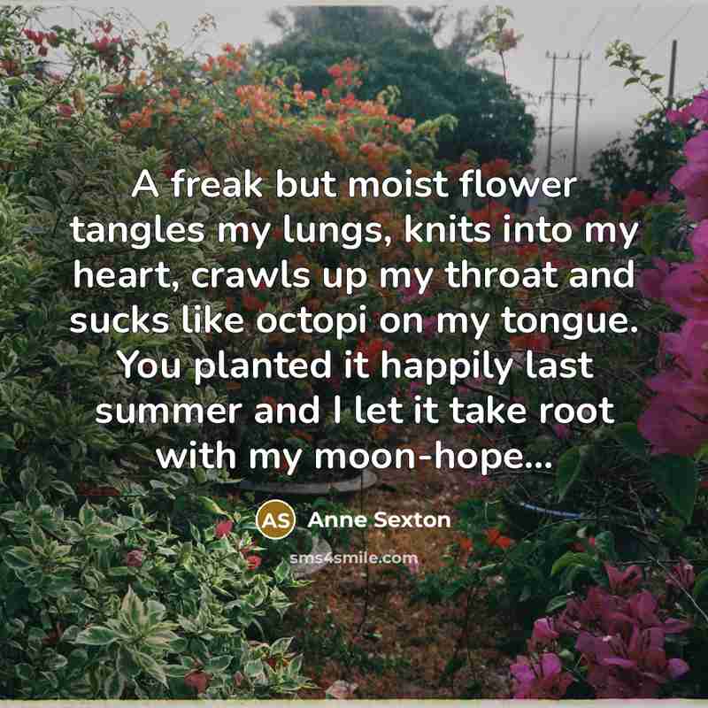“A freak but moist flower tangles my lungs, knits into…” quote by Anne Sexton
