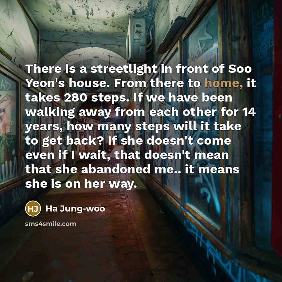 “There is a streetlight in front of Soo Yeon's house. From there to home, it takes 280 steps. If we have been walking away from each other for 14 years, how many steps will it take to get back? If she doesn't come even if I wait, that doesn't mean that she abandoned me.. it means she is on her way.” quote by Ha Jung-woo
