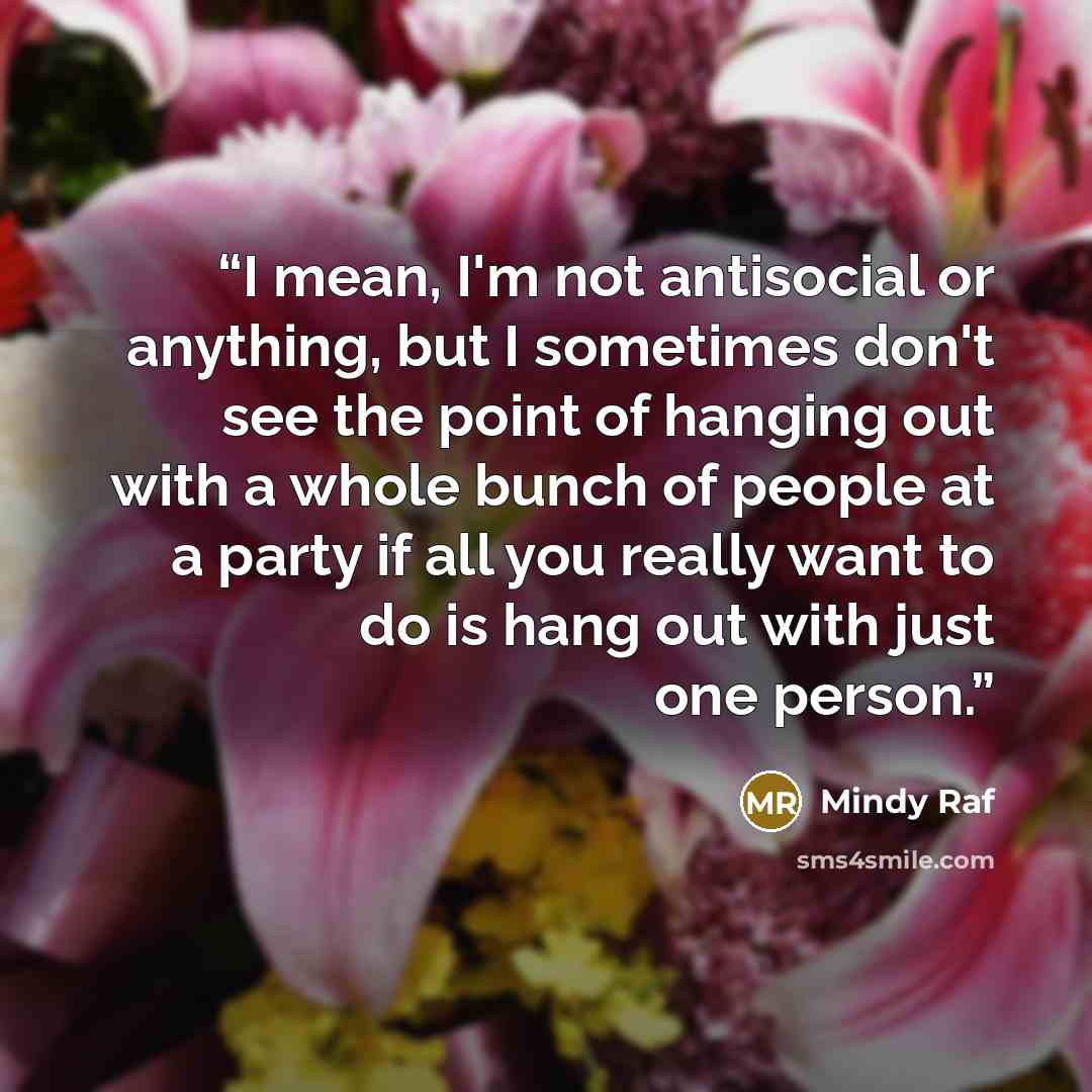 “I mean, I'm not antisocial or anything, but I sometimes don't see the point of hanging out with a whole bunch of people at a party if all you really want to do is hang out with just one person.” quote by Mindy Raf