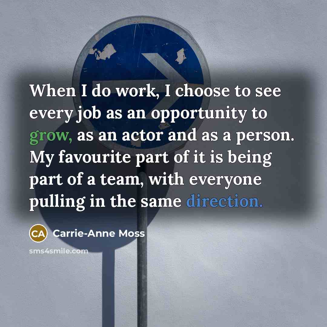 “When I do work, I choose to see every job as an opportunity to grow, as an actor and as a person. My favourite part of it is being part of a team, with everyone pulling in the same direction.” quote by Carrie-Anne Moss