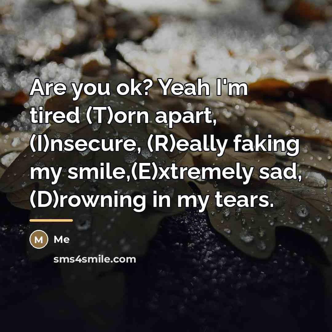 “Are you ok? Yeah I'm tired (T)orn apart, (I)nsecure, (R)eally…” quote by Me