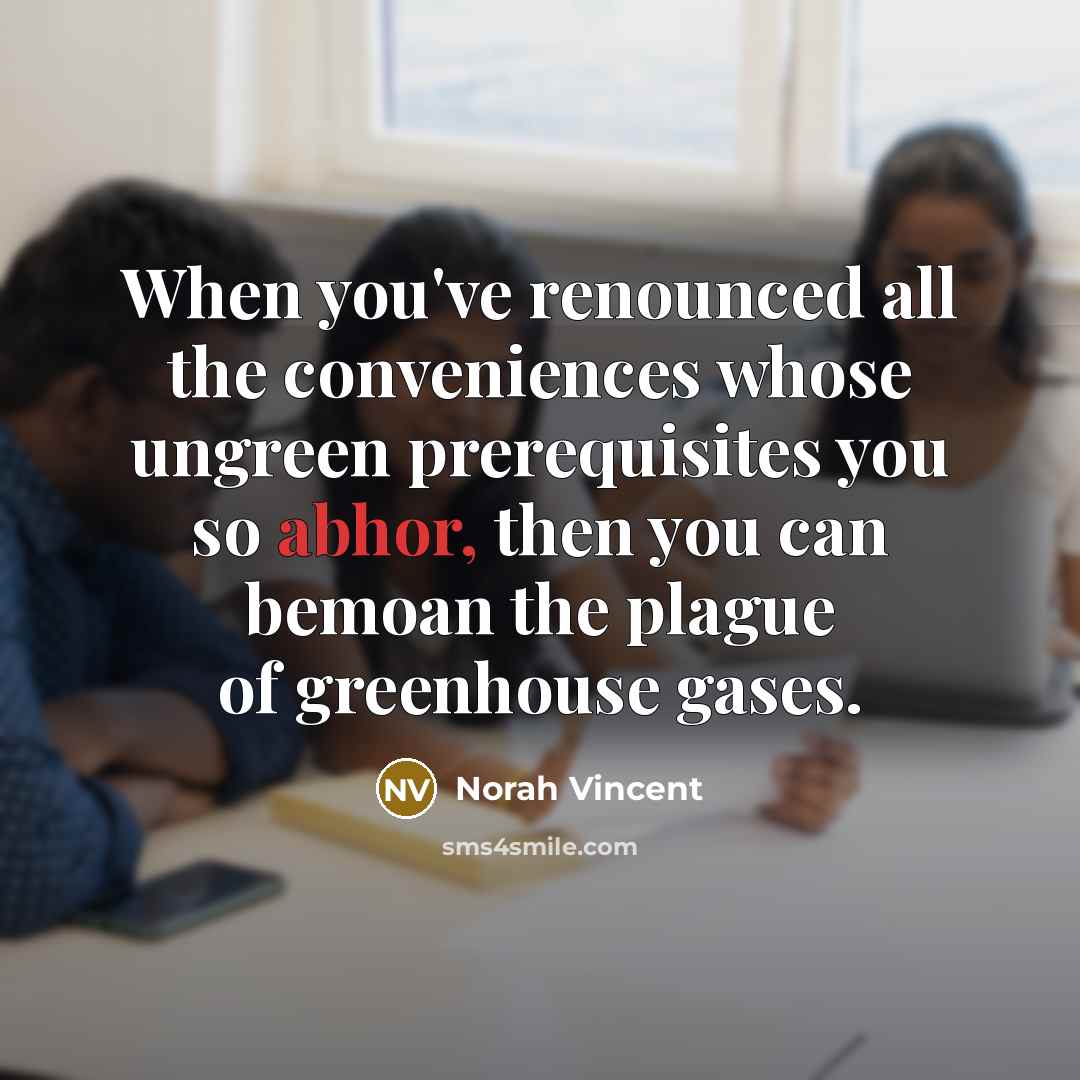 “When you've renounced all the conveniences whose ungreen prerequisites you so abhor, then you can bemoan the plague of greenhouse gases.” quote by Norah Vincent