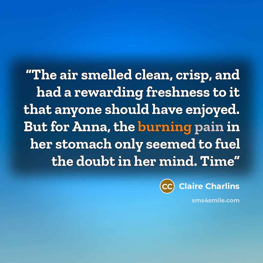 “The air smelled clean, crisp, and had a rewarding freshness to it that anyone should have enjoyed. But for Anna, the burning pain in her stomach only seemed to fuel the doubt in her mind. Time” quote by Claire Charlins