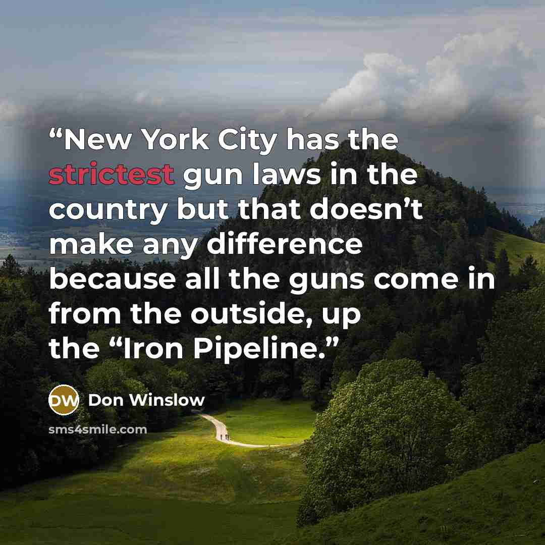 “New York City has the strictest gun laws in the country but that doesn’t make any difference because all the guns come in from the outside, up the “Iron Pipeline.” quote by Don Winslow