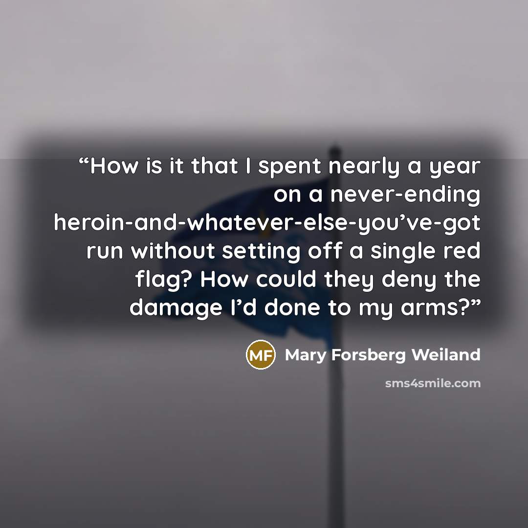 “How is it that I spent nearly a year on a never-ending heroin-and-whatever-else-you’ve-got run without setting off a single red flag? How could they deny the damage I’d done to my arms?” quote by Mary Forsberg Weiland