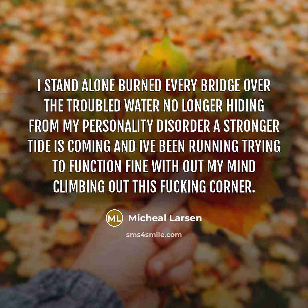“I stand alone Burned every bridge over the troubled water…” quote by Micheal Larsen