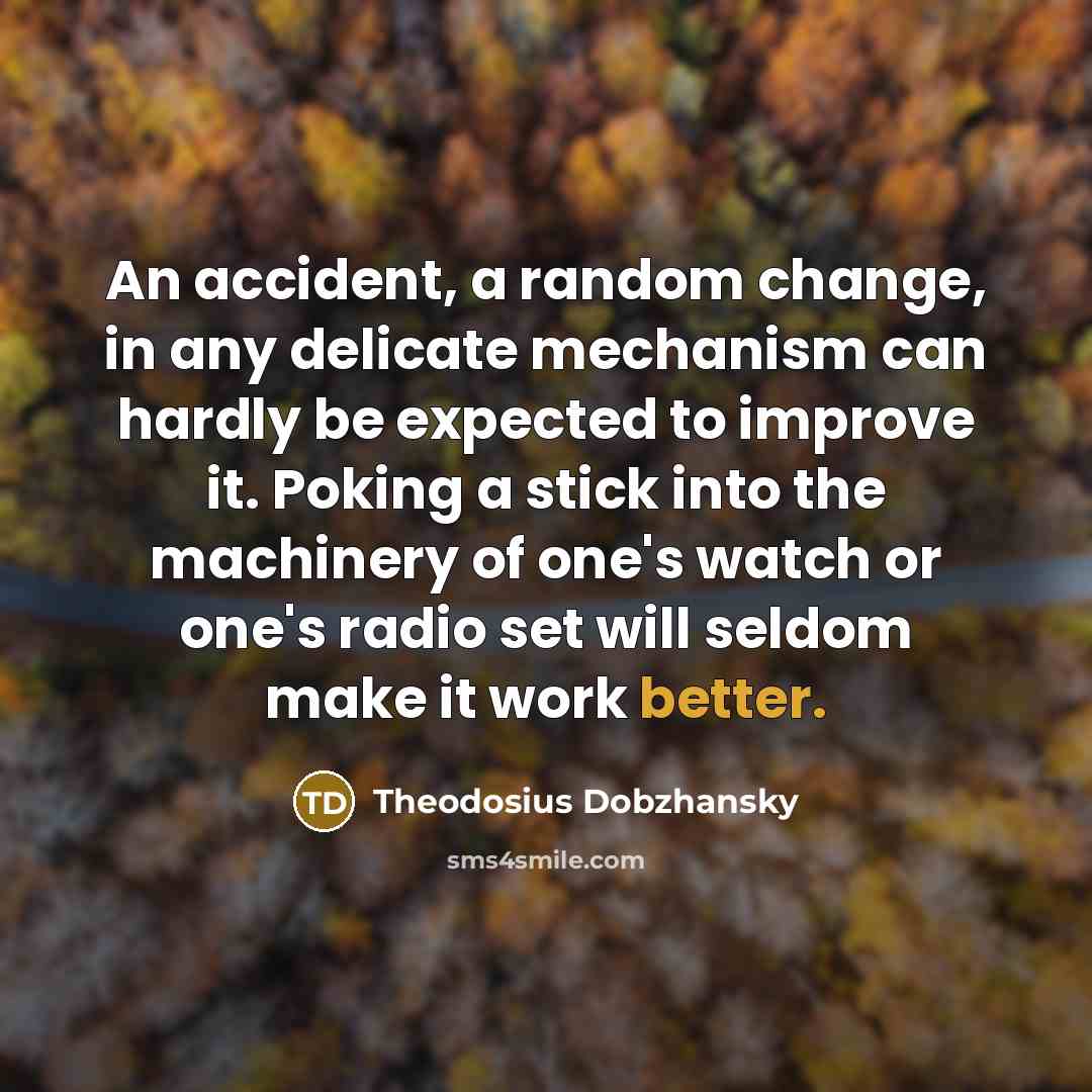 “An accident, a random change, in any delicate mechanism can hardly be expected to improve it. Poking a stick into the machinery of one's watch or one's radio set will seldom make it work better.” quote by Theodosius Dobzhansky