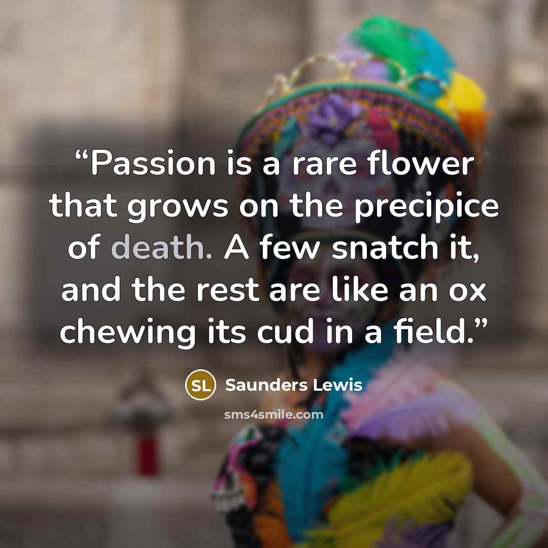 “Passion is a rare flower that grows on the precipice of death. A few snatch it, and the rest are like an ox chewing its cud in a field.” quote by Saunders Lewis