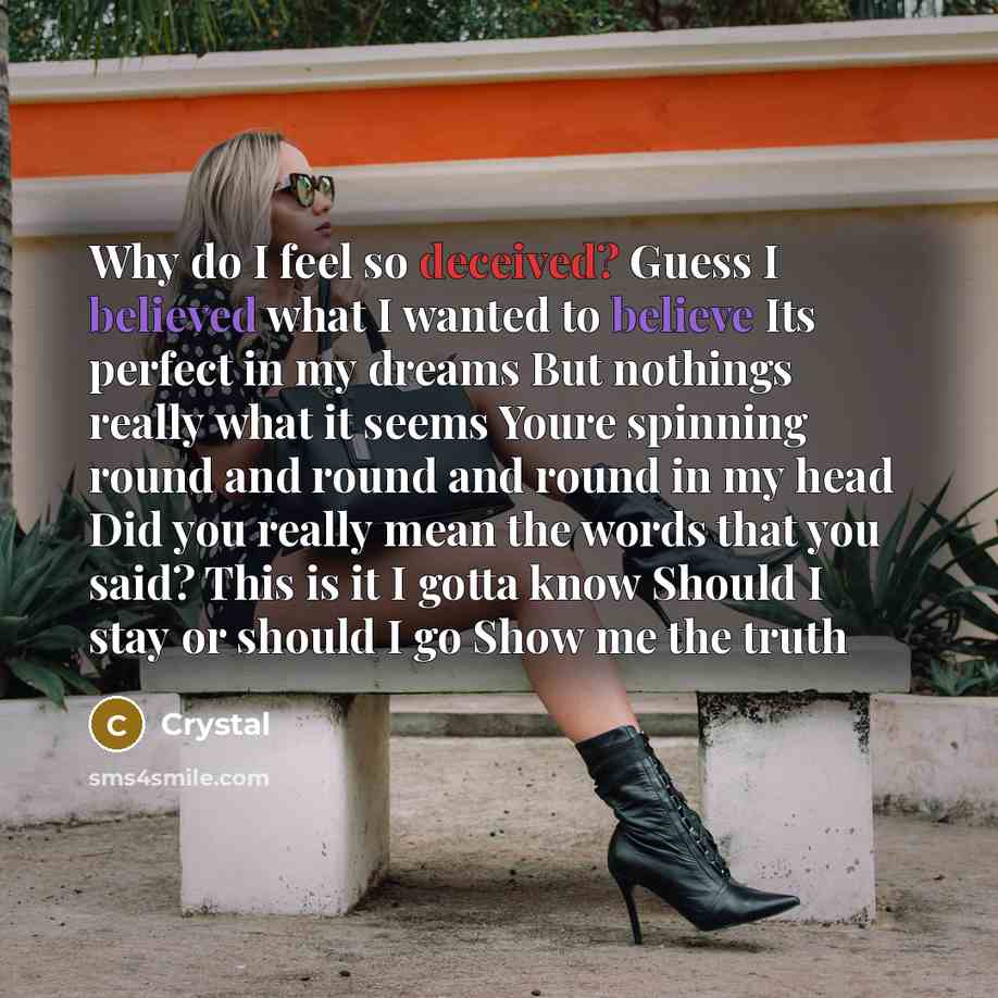 “Why do I feel so deceived? Guess I believed what I wanted to believe Its perfect in my dreams But nothings really what it seems Youre spinning round and round and round in my head Did you really mean the words that you said? This is it I gotta know Should I stay or should I go Show me the truth” quote by Crystal