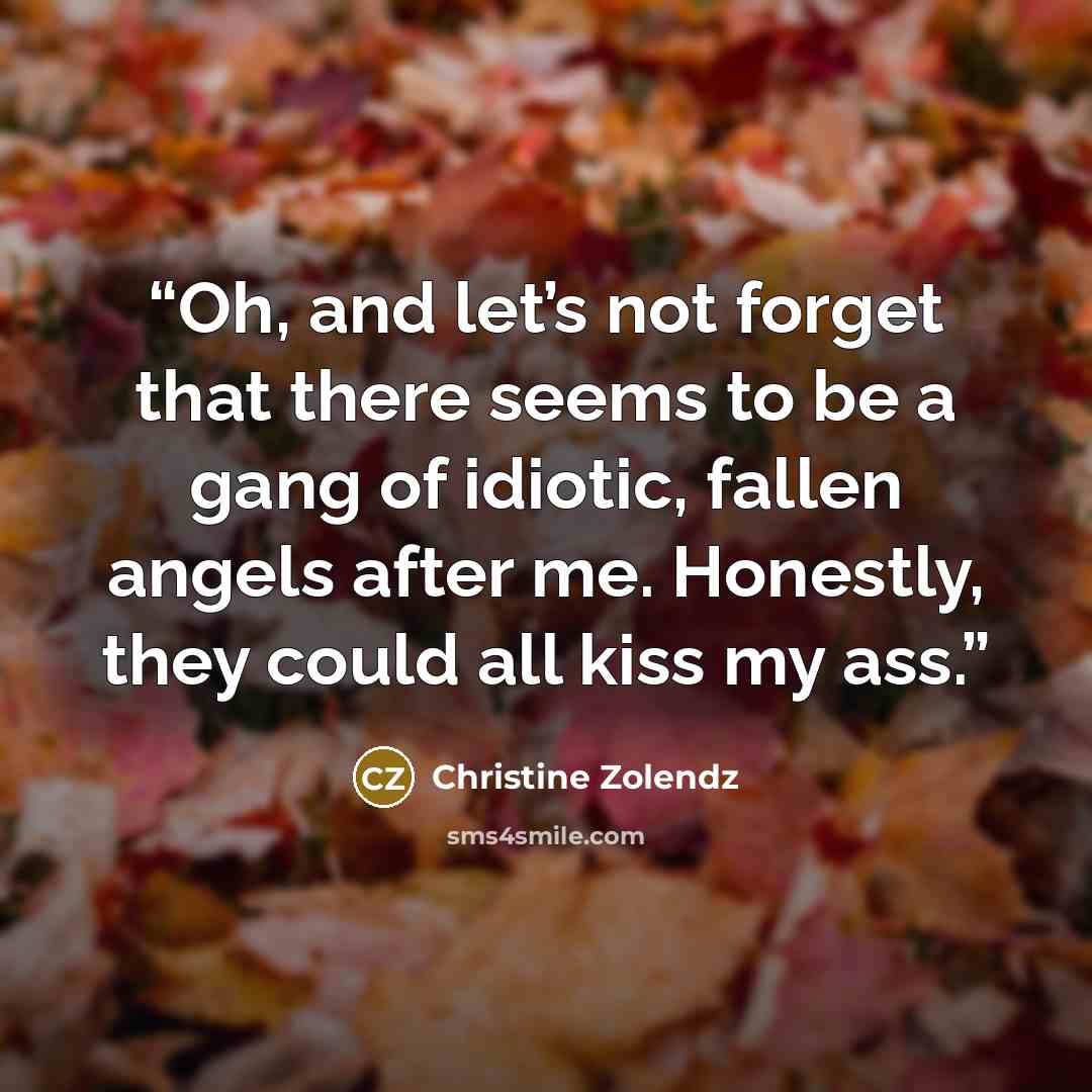 “Oh, and let’s not forget that there seems to be a gang of idiotic, fallen angels after me. Honestly, they could all kiss my ass.” quote by Christine Zolendz