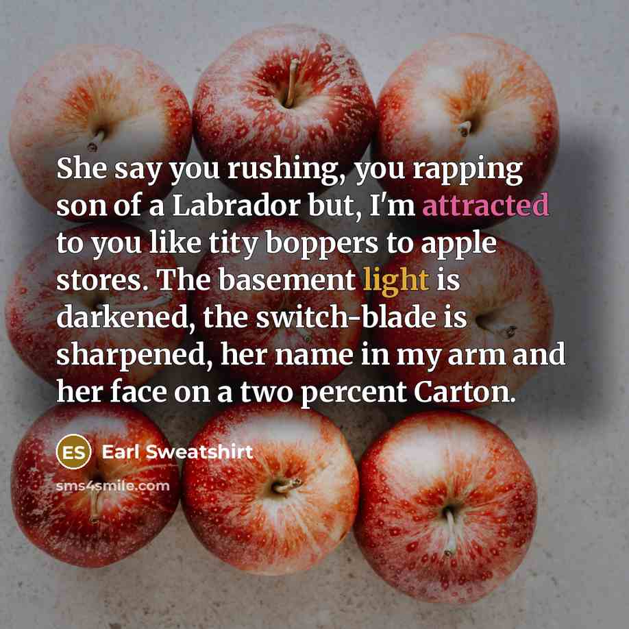 “She say you rushing, you rapping son of a Labrador but, I'm attracted to you like tity boppers to apple stores. The basement light is darkened, the switch-blade is sharpened, her name in my arm and her face on a two percent Carton.” quote by Earl Sweatshirt