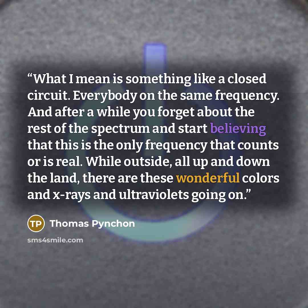 “What I mean is something like a closed circuit. Everybody on the same frequency. And after a while you forget about the rest of the spectrum and start believing that this is the only frequency that counts or is real. While outside, all up and down the land, there are these wonderful colors and…” quote by Thomas Pynchon
