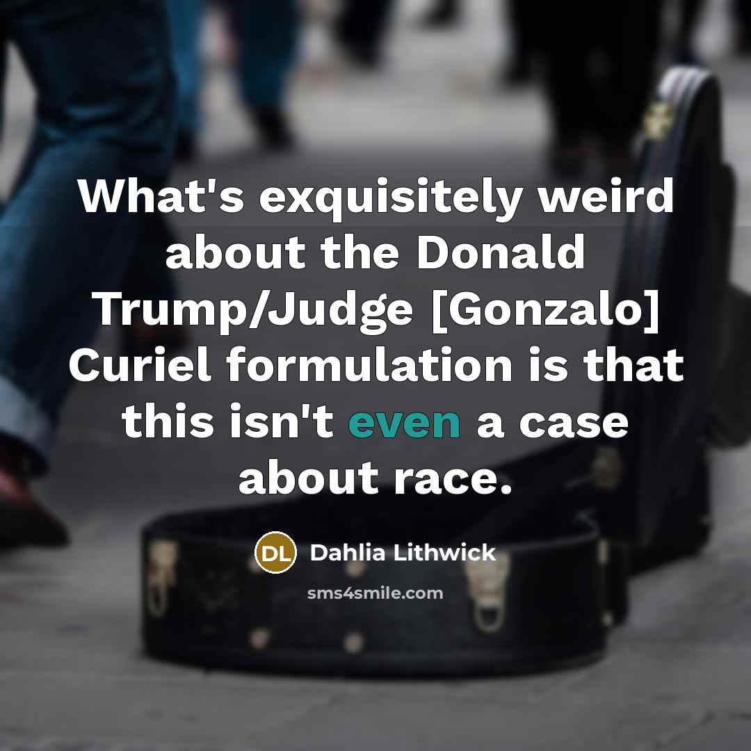 “What's exquisitely weird about the Donald Trump/Judge [Gonzalo] Curiel formulation…” quote by Dahlia Lithwick