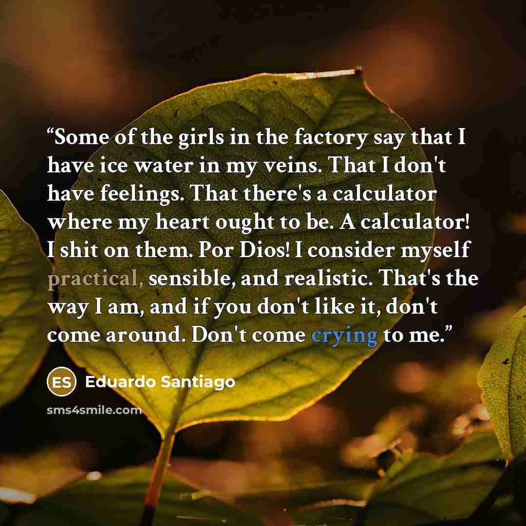 “Some of the girls in the factory say that I have ice water in my veins. That I don't have feelings. That there's a calculator where my heart ought to be. A calculator! I shit on them. Por Dios! I consider myself practical, sensible, and realistic. That's the way I am, and if you don't like it…” quote by Eduardo Santiago