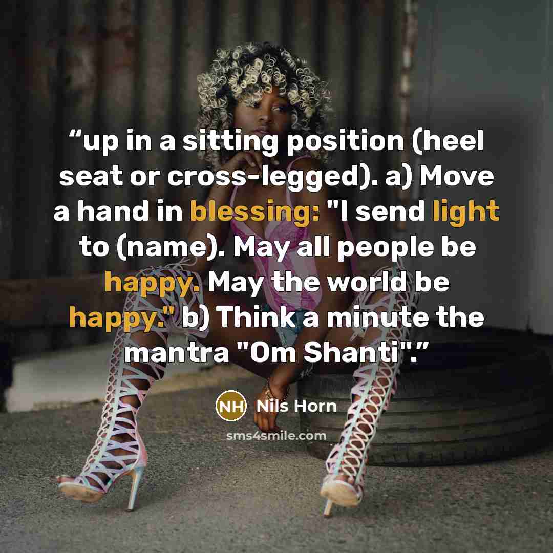 “up in a sitting position (heel seat or cross-legged). a) Move a hand in blessing: "I send light to (name). May all people be happy. May the world be happy." b) Think a minute the mantra "Om Shanti".” quote by Nils Horn