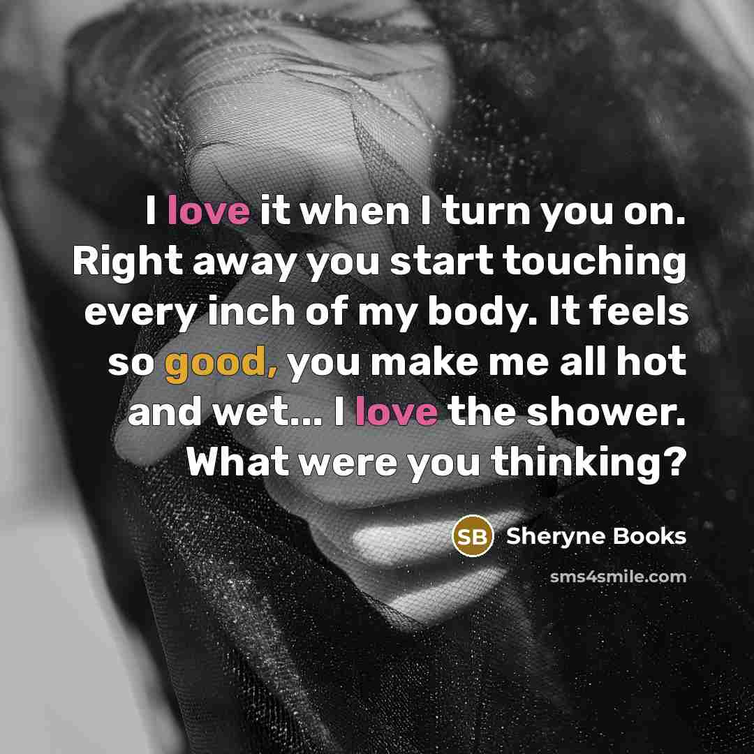 “I love it when I turn you on. Right away you start touching every inch of my body. It feels so good, you make me all hot and wet... I love the shower. What were you thinking?” quote by Sheryne Books