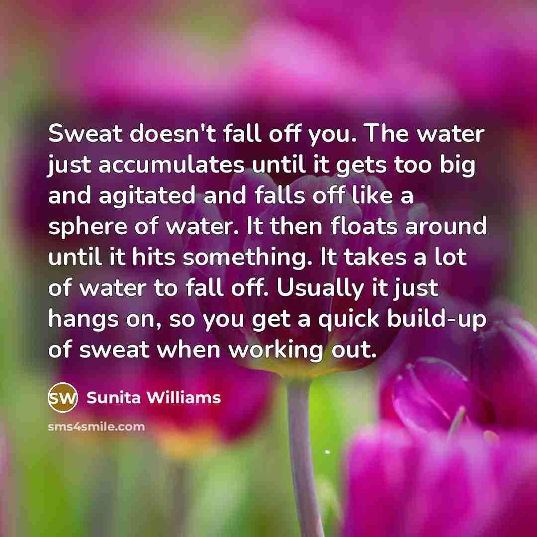 “Sweat doesn't fall off you. The water just accumulates until…” quote by Sunita Williams