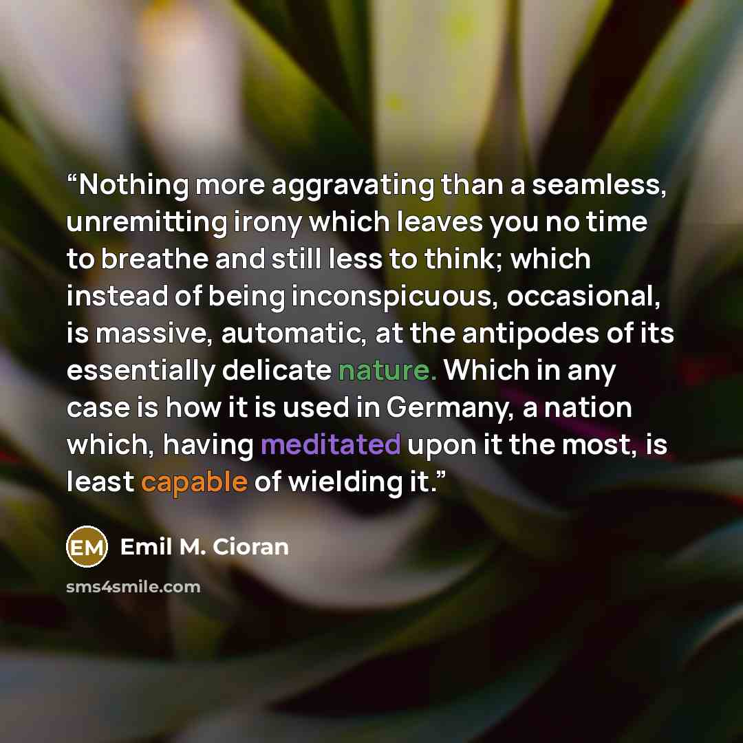 “Nothing more aggravating than a seamless, unremitting irony which leaves you no time to breathe and still less to think; which instead of being inconspicuous, occasional, is massive, automatic, at the antipodes of its essentially delicate nature. Which in any case is how it is used in Germany, a…” quote by Emil M. Cioran