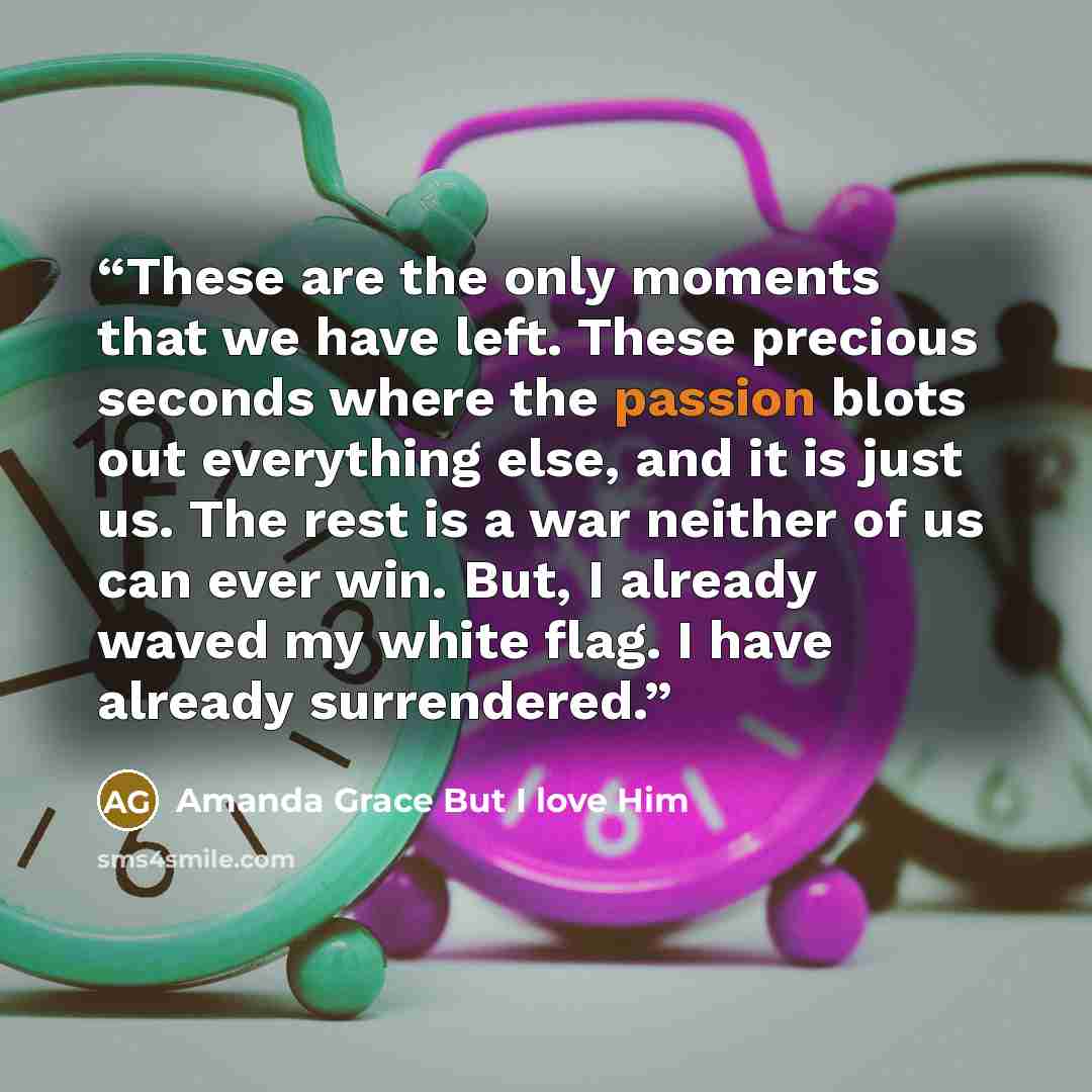 “These are the only moments that we have left. These precious seconds where the passion blots out everything else, and it is just us. The rest is a war neither of us can ever win. But, I already waved my white flag. I have already surrendered.” quote by Amanda Grace But I love Him