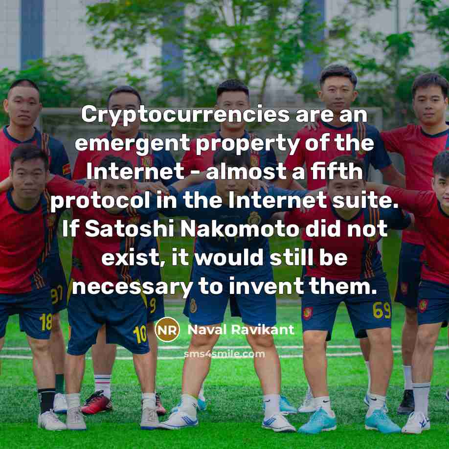 “Cryptocurrencies are an emergent property of the Internet - almost a fifth protocol in the Internet suite. If Satoshi Nakomoto did not exist, it would still be necessary to invent them.” quote by Naval Ravikant