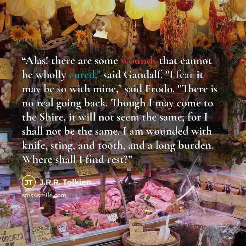 “Alas! there are some wounds that cannot be wholly cured," said Gandalf. "I fear it may be so with mine," said Frodo. "There is no real going back. Though I may come to the Shire, it will not seem the same; for I shall not be the same. I am wounded with knife, sting, and tooth, and a long burden…” quote by J.R.R. Tolkien
