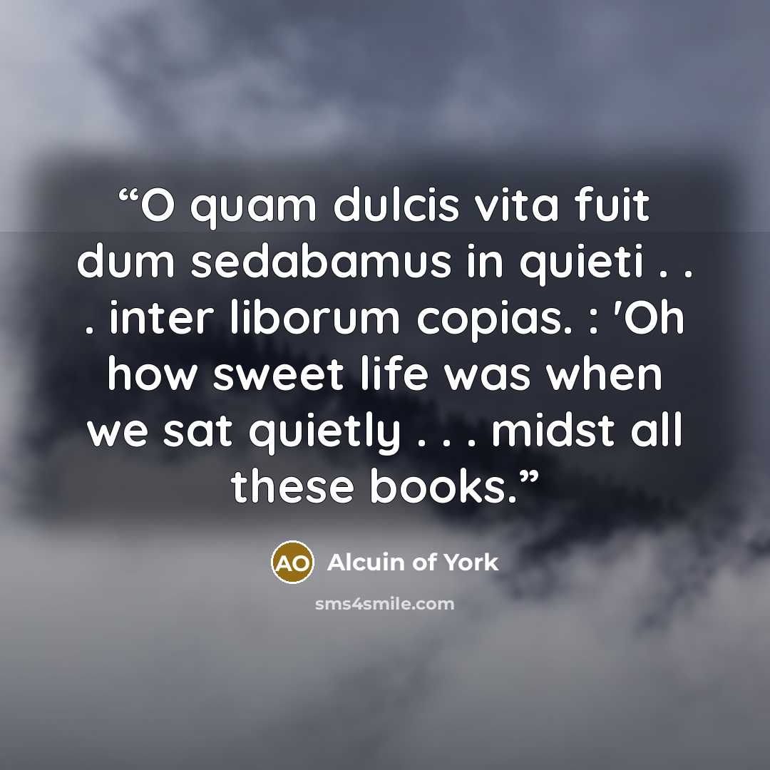 “O quam dulcis vita fuit dum sedabamus in quieti . . . inter liborum copias. : 'Oh how sweet life was when we sat quietly . . . midst all these books.” quote by Alcuin of York