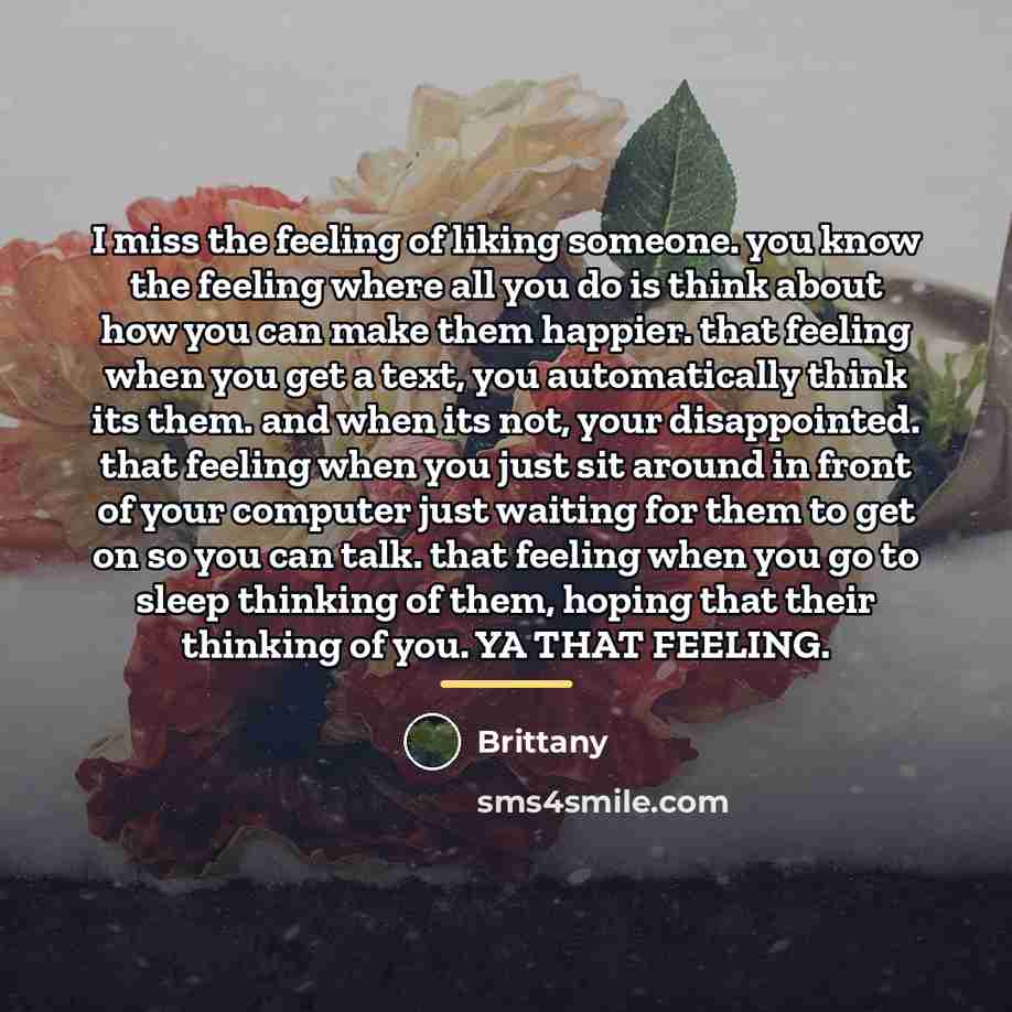 “I miss the feeling of liking someone. you know the…” quote by Brittany