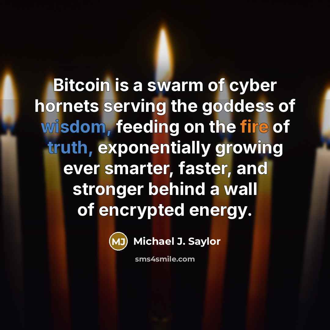 “Bitcoin is a swarm of cyber hornets serving the goddess of wisdom, feeding on the fire of truth, exponentially growing ever smarter, faster, and stronger behind a wall of encrypted energy.” quote by Michael J. Saylor