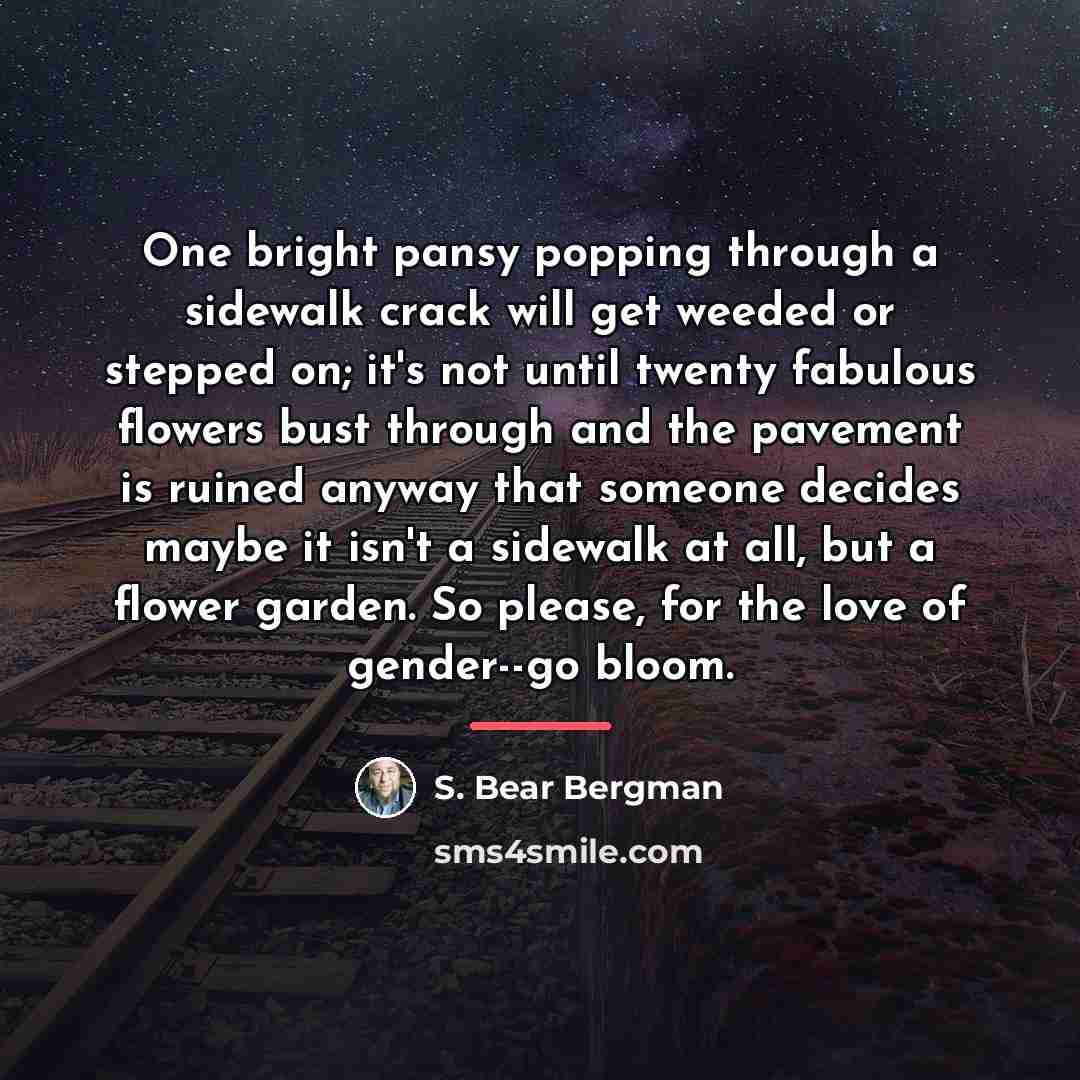 “One bright pansy popping through a sidewalk crack will get…” quote by S. Bear Bergman