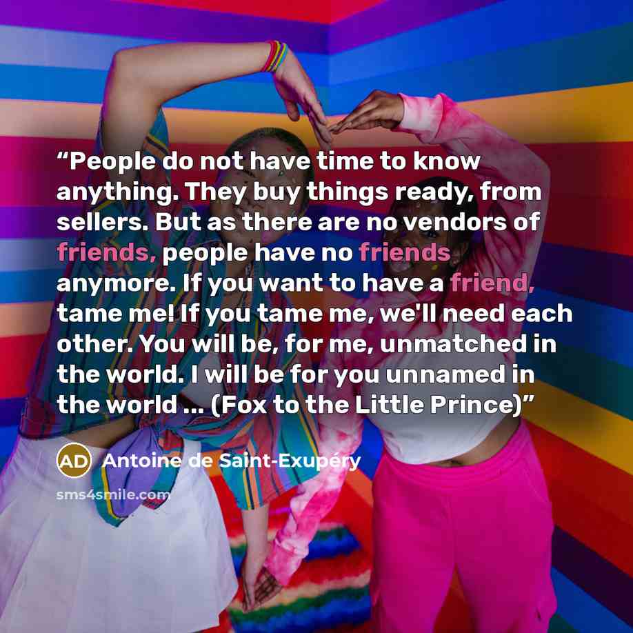 “People do not have time to know anything. They buy things ready, from sellers. But as there are no vendors of friends, people have no friends anymore. If you want to have a friend, tame me! If you tame me, we'll need each other. You will be, for me, unmatched in the world. I will be for you…” quote by Antoine de Saint-Exupéry
