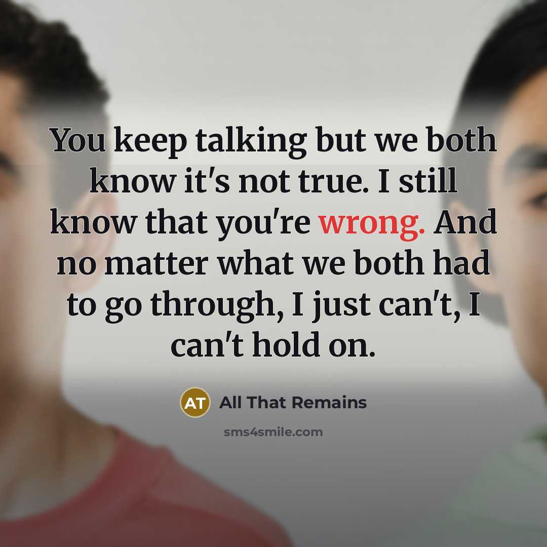“You keep talking but we both know it's not true. I still know that you're wrong. And no matter what we both had to go through, I just can't, I can't hold on.” quote by All That Remains