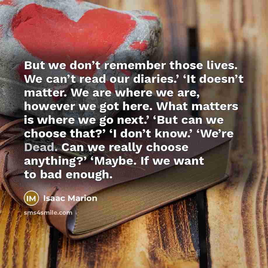“But we don’t remember those lives. We can’t read our…” quote by Isaac Marion