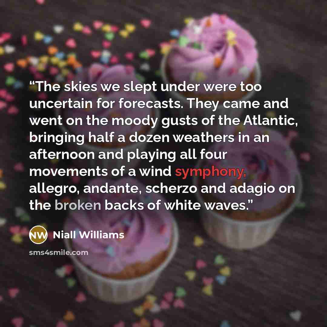 “The skies we slept under were too uncertain for forecasts. They came and went on the moody gusts of the Atlantic, bringing half a dozen weathers in an afternoon and playing all four movements of a wind symphony, allegro, andante, scherzo and adagio on the broken backs of white waves.” quote by Niall Williams
