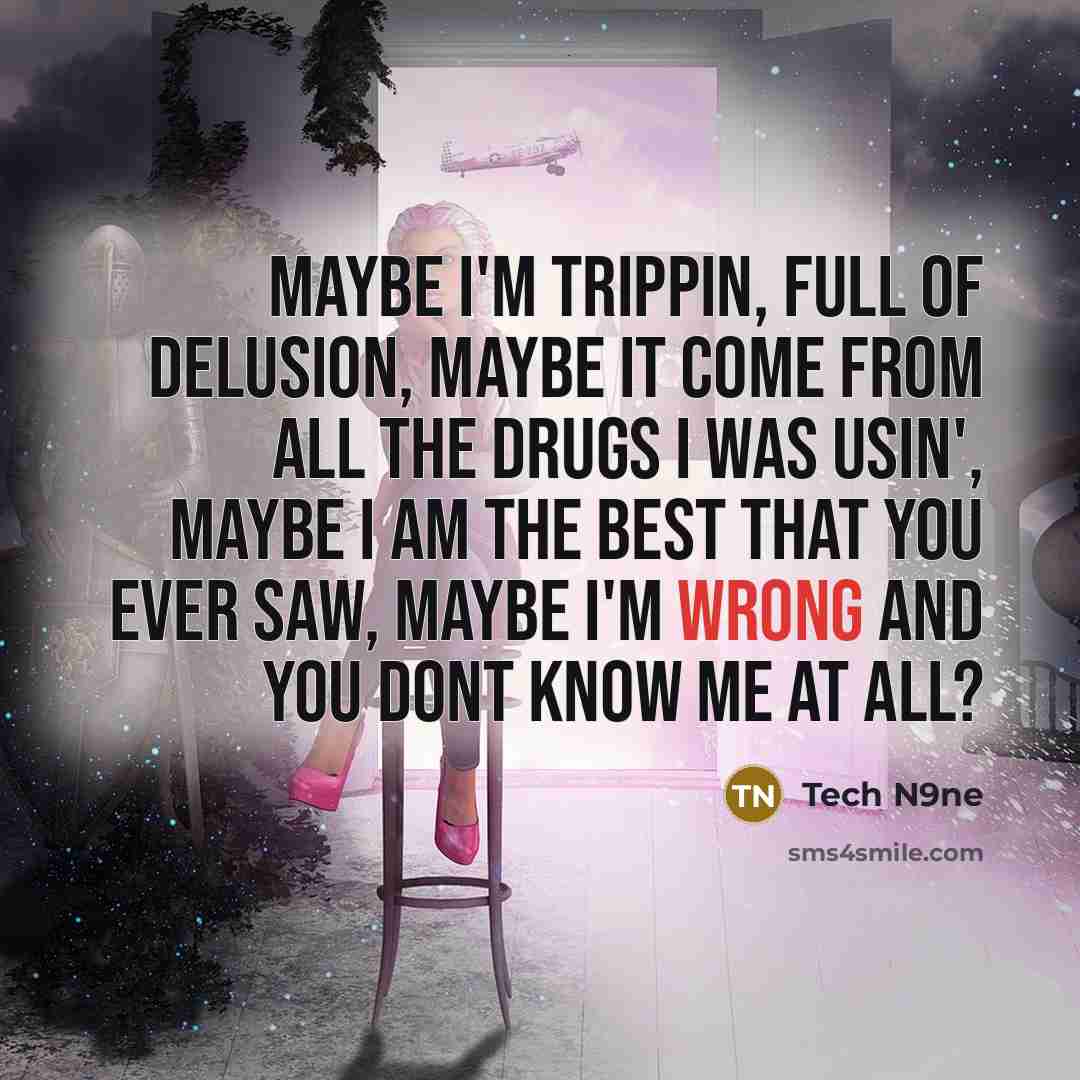 “Maybe I'm trippin, full of delusion, maybe it come from all the drugs I was usin', maybe I am the best that you ever saw, maybe I'm wrong and you dont know me at all?” quote by Tech N9ne