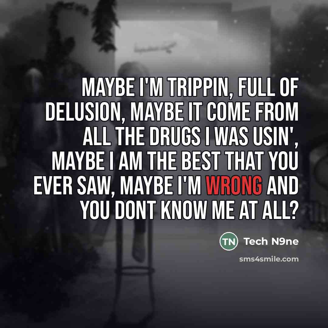 “Maybe I'm trippin, full of delusion, maybe it come from all the drugs I was usin', maybe I am the best that you ever saw, maybe I'm wrong and you dont know me at all?” quote by Tech N9ne
