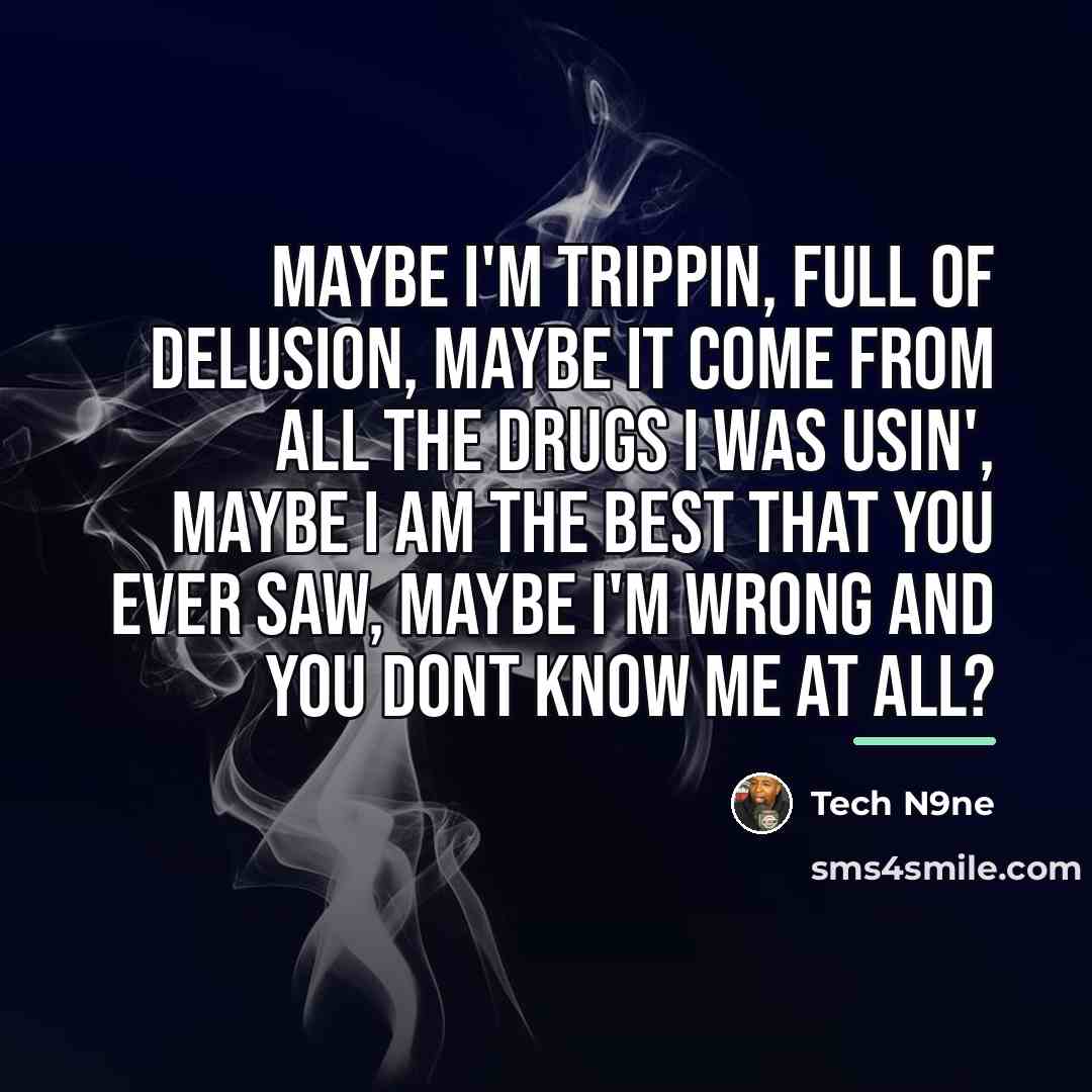 “Maybe I'm trippin, full of delusion, maybe it come from…” quote by Tech N9ne