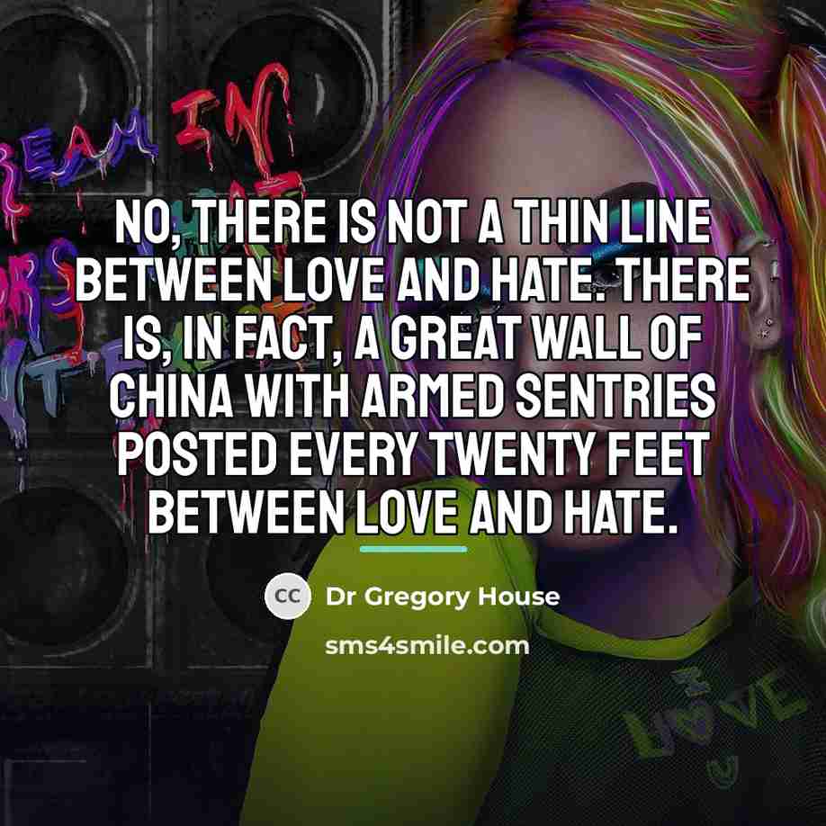 “No, there is not a thin line between love and…” quote by Dr Gregory House