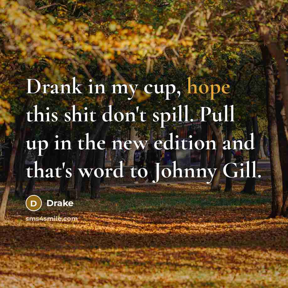 “Drank in my cup, hope this shit don't spill. Pull up in the new edition and that's word to Johnny Gill.” quote by Drake