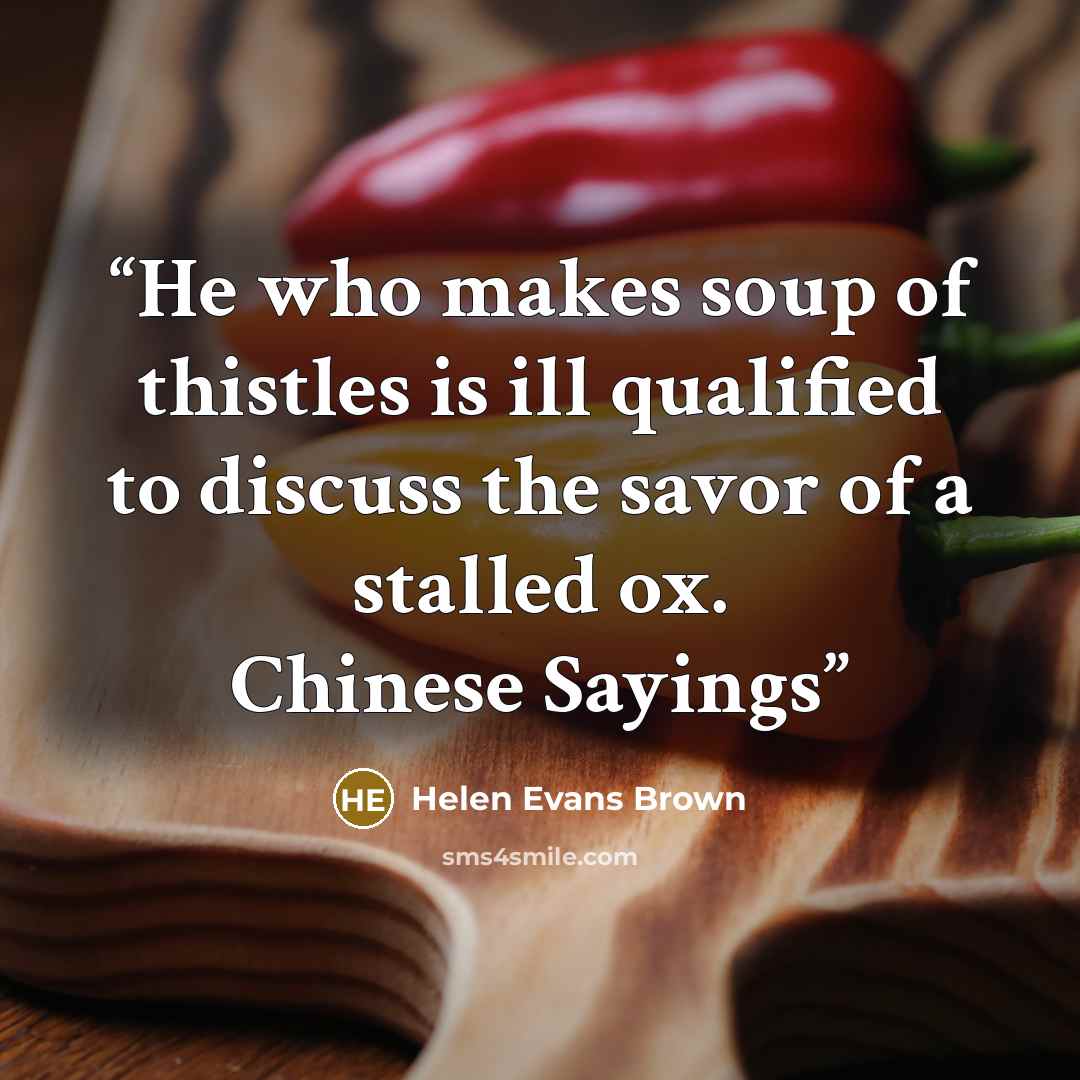 “He who makes soup of thistles is ill qualified to discuss the savor of a stalled ox. Chinese Sayings” quote by Helen Evans Brown