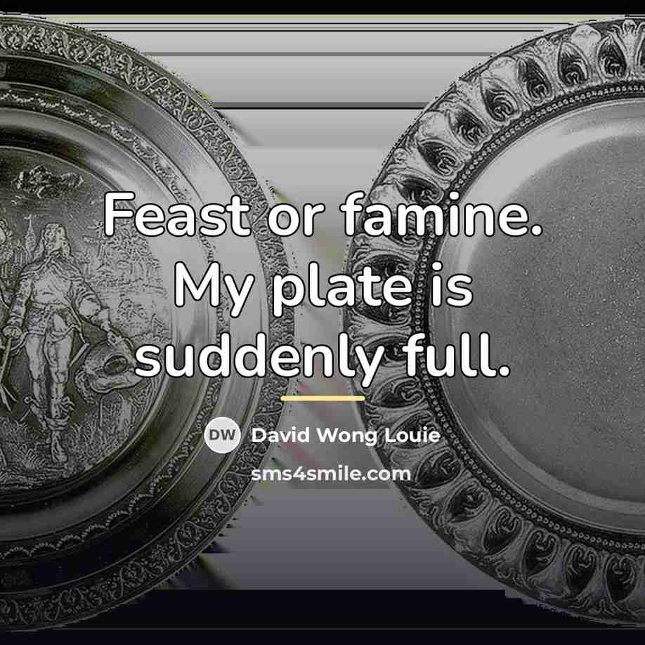 “Feast or famine. My plate is suddenly full.…” quote by David Wong Louie