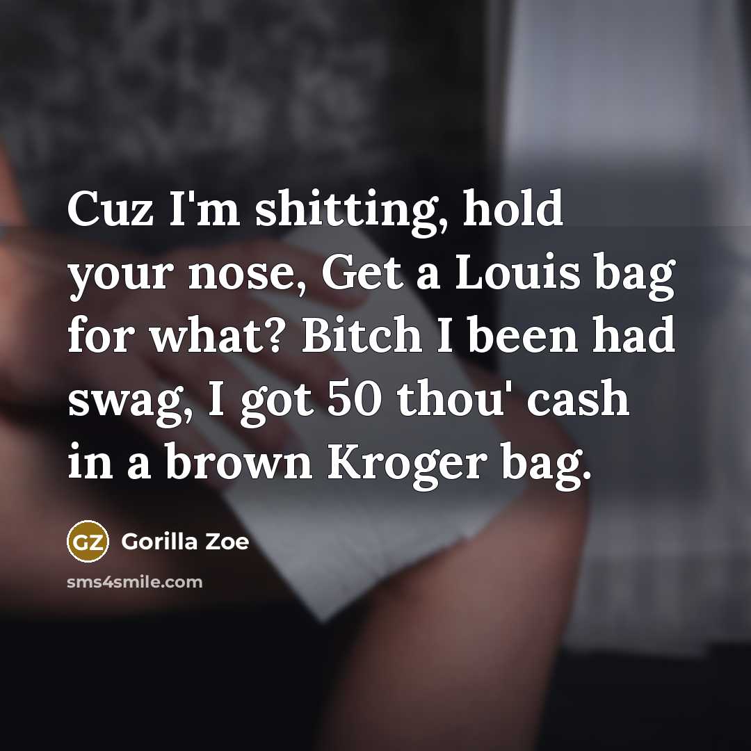 “Cuz I'm shitting, hold your nose, Get a Louis bag…” quote by Gorilla Zoe