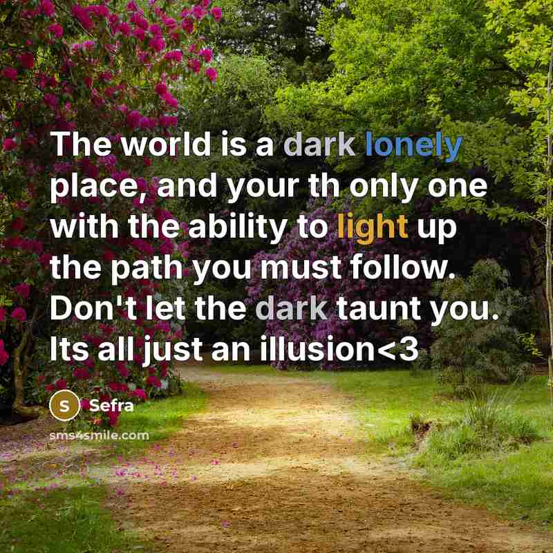 “The world is a dark lonely place, and your th only one with the ability to light up the path you must follow. Don't let the dark taunt you. Its all just an illusion” quote by Sefra