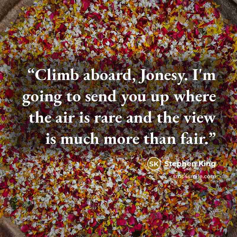 “Climb aboard, Jonesy. I'm going to send you up where the air is rare and the view is much more than fair.” quote by Stephen King