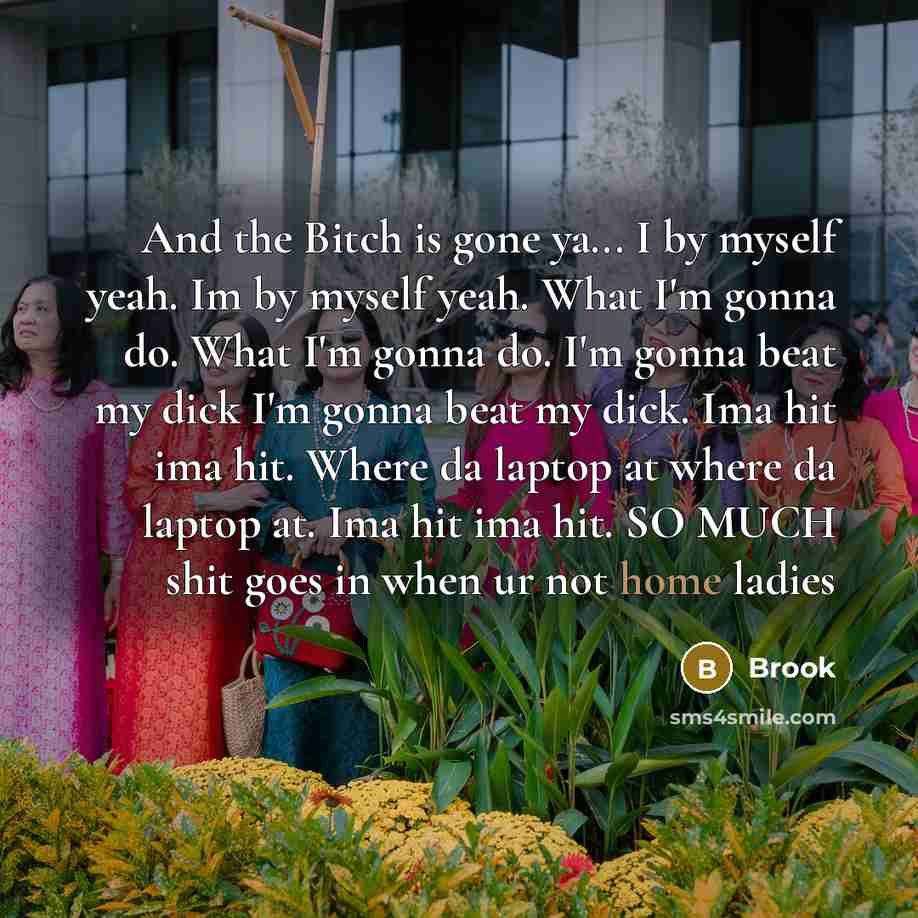 “And the Bitch is gone ya... I by myself yeah. Im by myself yeah. What I'm gonna do. What I'm gonna do. I'm gonna beat my dick I'm gonna beat my dick. Ima hit ima hit. Where da laptop at where da laptop at. Ima hit ima hit. SO MUCH shit goes in when ur not home ladies” quote by Brook