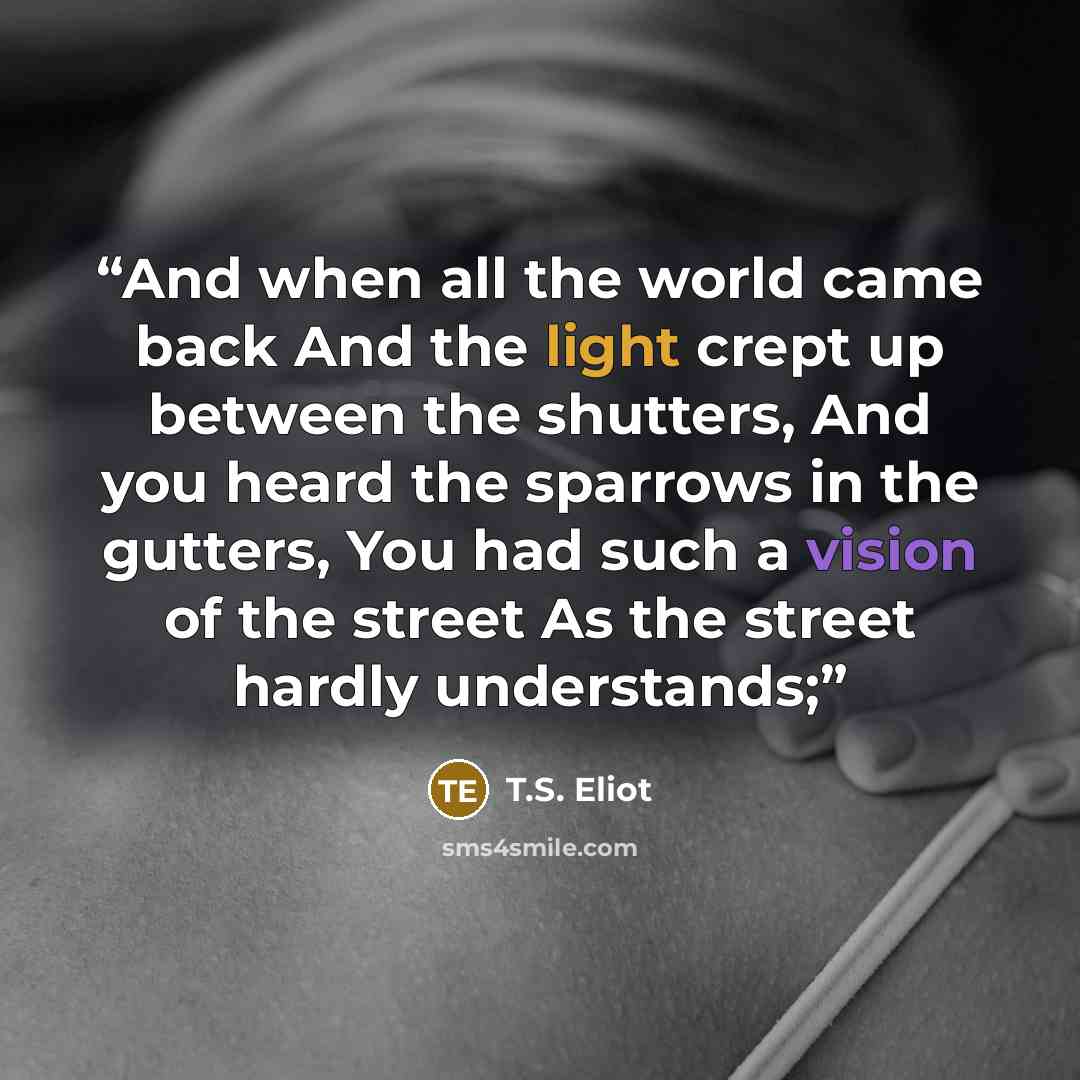 “And when all the world came back And the light crept up between the shutters, And you heard the sparrows in the gutters, You had such a vision of the street As the street hardly understands;” quote by T.S. Eliot