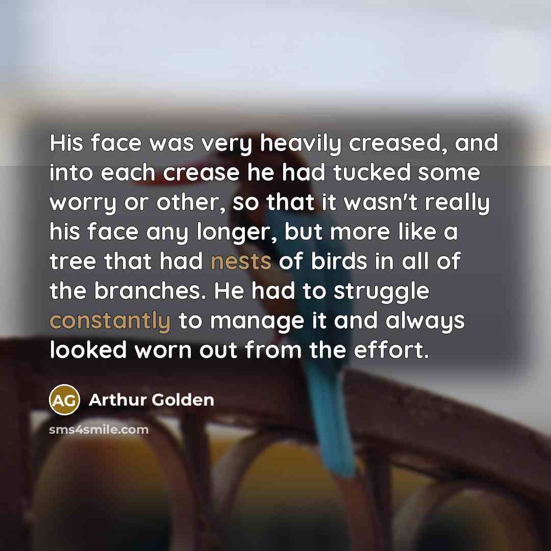 “His face was very heavily creased, and into each crease…” quote by Arthur Golden