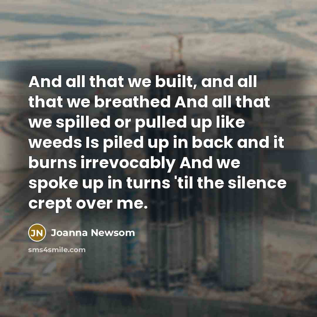 “And all that we built, and all that we breathed And all that we spilled or pulled up like weeds Is piled up in back and it burns irrevocably And we spoke up in turns 'til the silence crept over me.” quote by Joanna Newsom