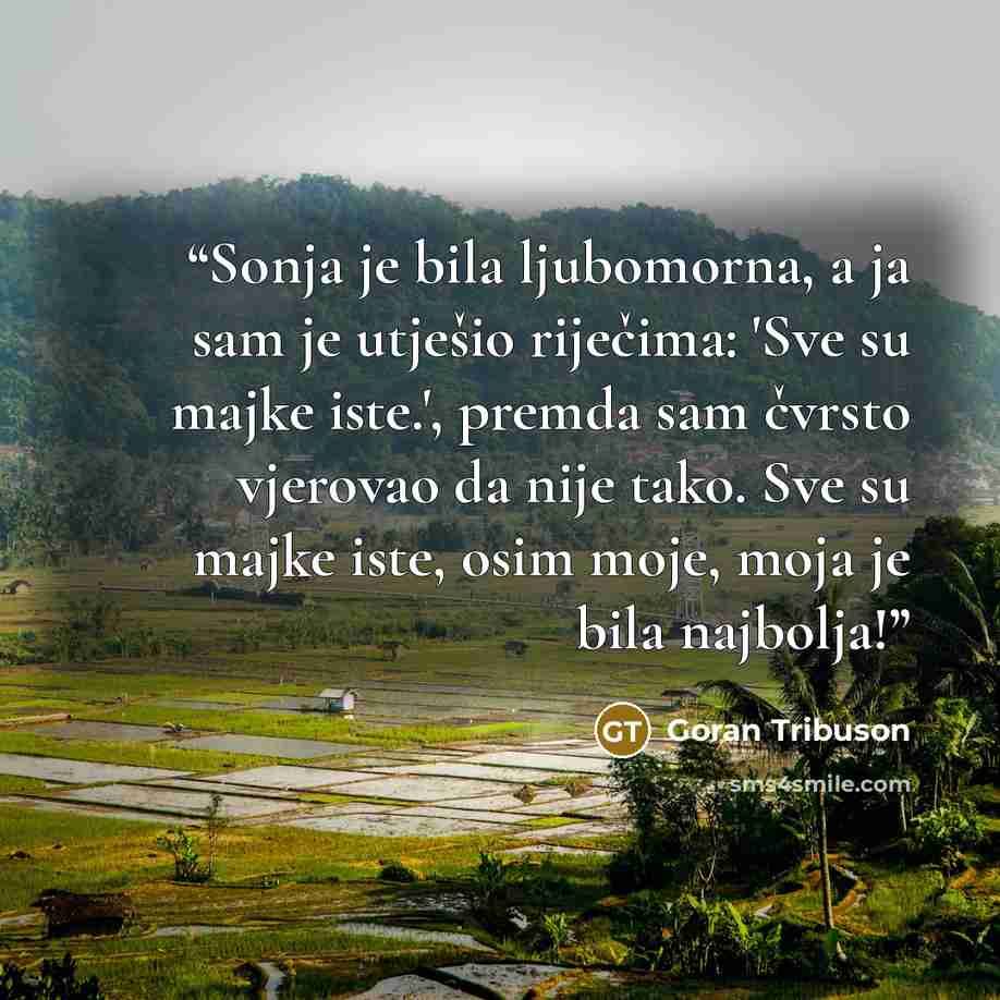 “Sonja je bila ljubomorna, a ja sam je utješio riječima: 'Sve su majke iste.', premda sam čvrsto vjerovao da nije tako. Sve su majke iste, osim moje, moja je bila najbolja!” quote by Goran Tribuson