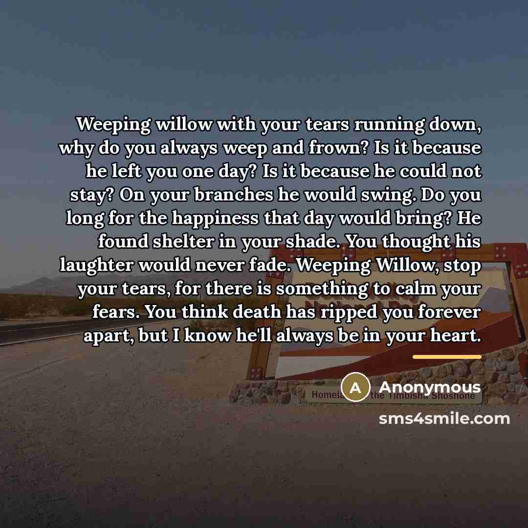 “Weeping willow with your tears running down, why do you…” quote by Anonymous